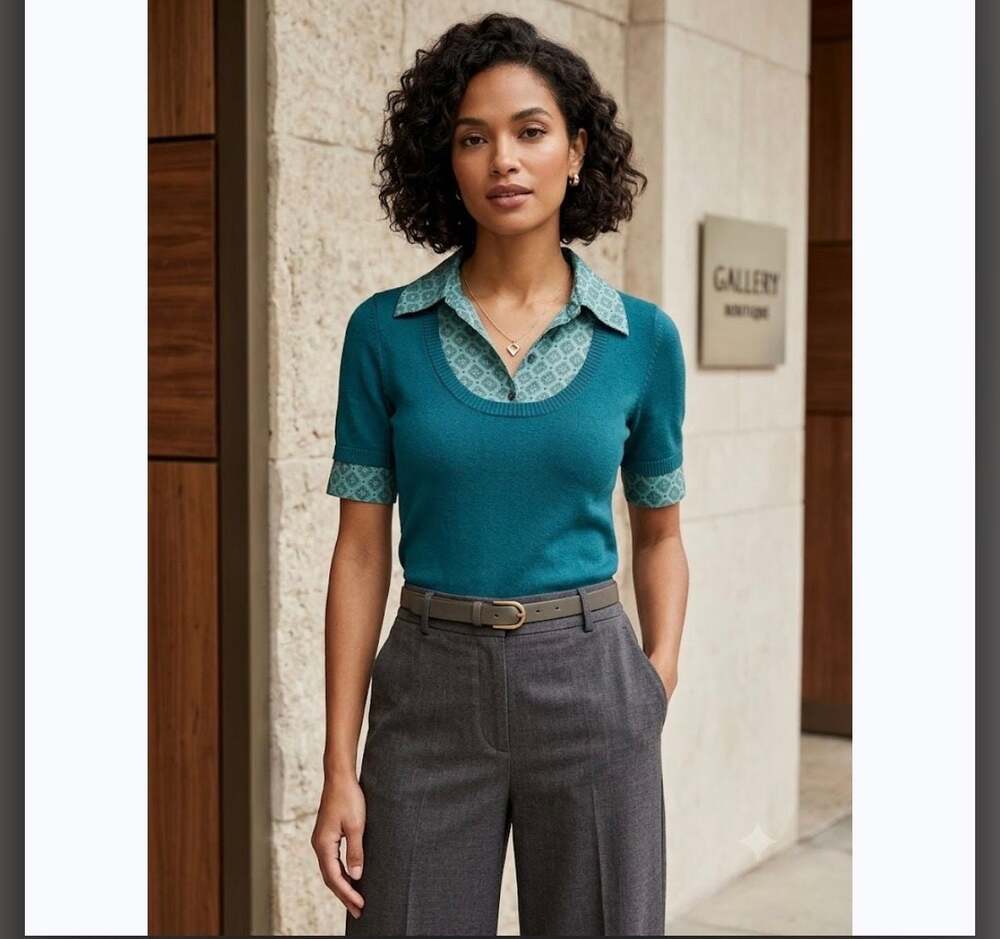 Ann Taylor LOFT teal knit short sleeve faux-layer sweater with geometric print c